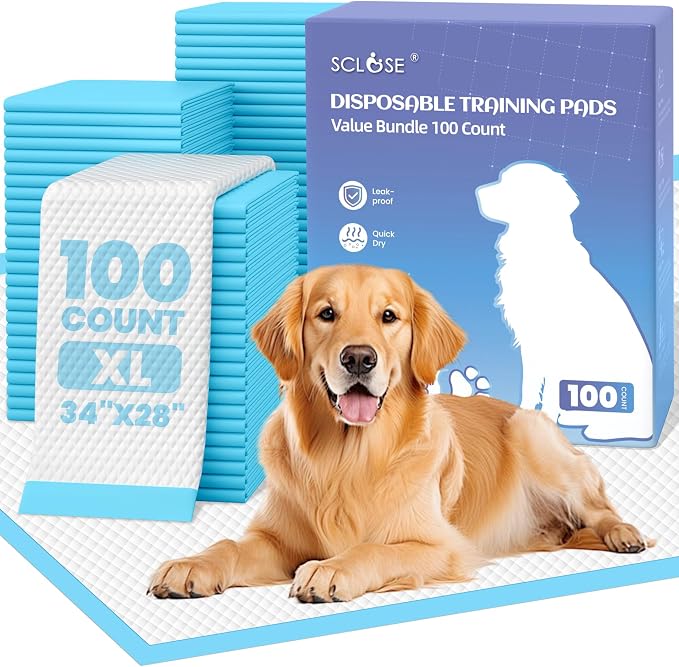 SCLOSE XL Dog Pee Pads 100 Count, 34"x28" Disposable Puppy Training Pads | Leak-Proof Quick-Dry Super Absorbent Odor Control – Ideal as Crate Mat Liner, for Senior Dogs, Post-Surgery, Indoor & Travel