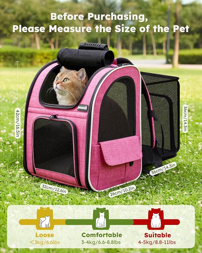 pecute Cat Backpack Extendable, Cat Carrier Backpack with Breathable Window | Durable Oxford Cloth, Lockable Zipper,Use for Pet Under 11 lbs to Travel