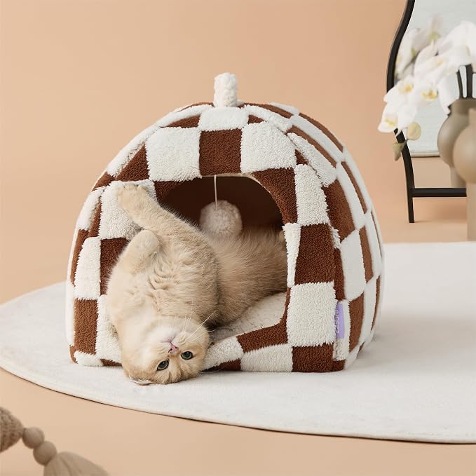 Lesure 2in1 Cute Cat House for Kitten with Washable Cushioned Pillow,17.3in | Cat Beds for Indoor Cats,Small Pet Cave Tent,Cozy Enclosed Foldable Hideaway,Fluffy Ball,Anti Slip Bottom,Hand Strap,Brown