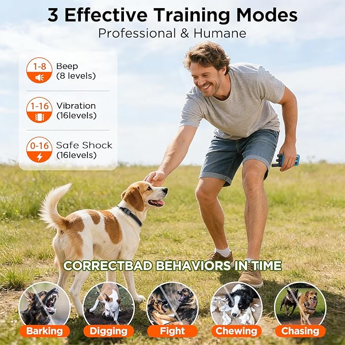 Dog Shock Collar 2 Dogs, 3300ft Dog Training Collar with Remote, Real-time Dual-Channel Remote with 3 Training Modes, Beep, Vibration, Safety Shock, Light, Fits 8-120 lbs All Breeds Sizes - Blue