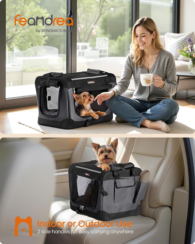 Feandrea Collapsible Dog Crate, Portable Travel Crate, 20-Inch | Oxford Fabric Pet Carrier with 4 Mesh Doors, Handles, Storage Pocket, Water Bottle Holder, UPDC015BH02