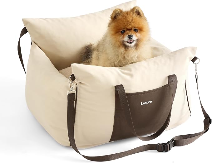 Lesure Dog Car Seat for Small Dogs,Booster Car Bed for Puppy Under 25lbs | Soft Pet Carseat with Clip-On Safety Leash and Thickened Memory Foam Filling,Dog Travel Carrier Bed with Storage Pocket,Beige