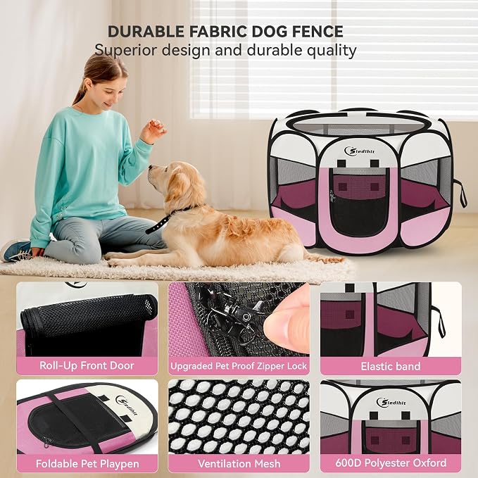 Sieidihit Dog Cat Pet Playpen Puppy Crate Cage Indoor Outdoor, Large Pink | Pet Nursing Enclosure Camping Rest Zone for Recovering Pets 600D waterproof polyester Oxford, Breathable double-layer mesh