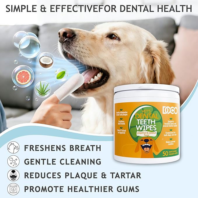 DOCO Pet Dog Teeth Cleaning Wipes – Deodorizing Finger Wipes for Dogs & Cats | Helps Reduce Plaque & Tartar Buildup, Supports Fresh Breath, No Rinse (Grapefruit, 50 Count)