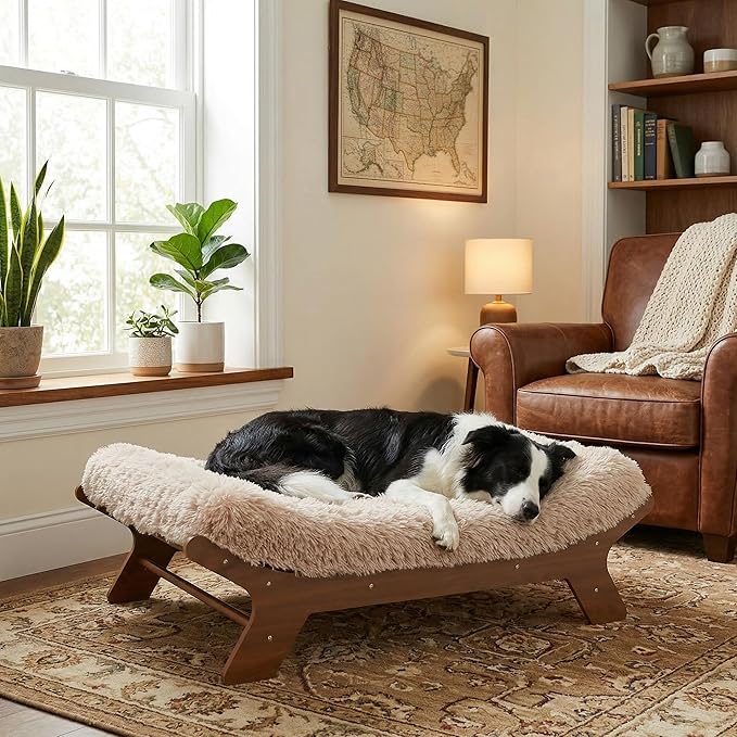 Elevated Wood Dog Bed Frame Mat Set, WalnutPattern, Large | Raised Sturdy Attractive Dog Sofa Couch Furniture, 80 lb