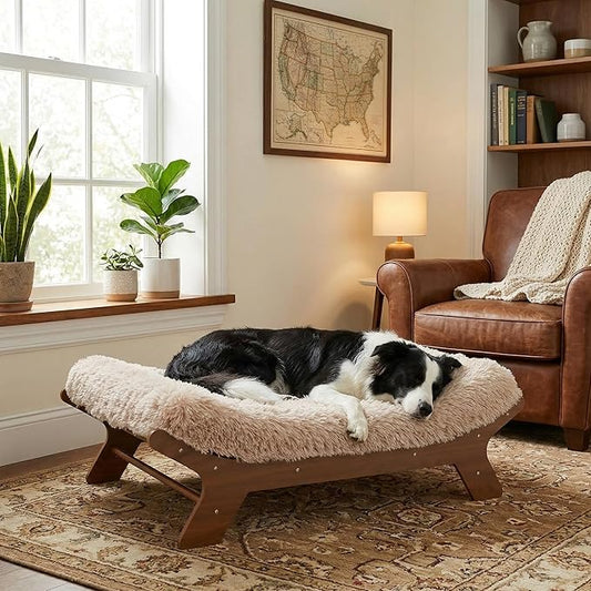 Elevated Wood Dog Bed Frame Mat Set, WalnutPattern, Large | Raised Sturdy Attractive Dog Sofa Couch Furniture, 80 lb