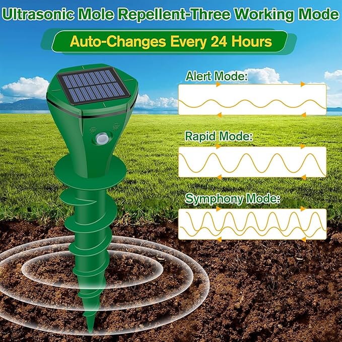 Mole Repellent Solar Powered, 4 Pack Ultrasonic Gopher Repeller IP65 Waterproof for Lawn Garden Yard, Sonic Vole Repellent Outdoor Get Rid of Snake Groundhog Chipmunk Squirrels, Green