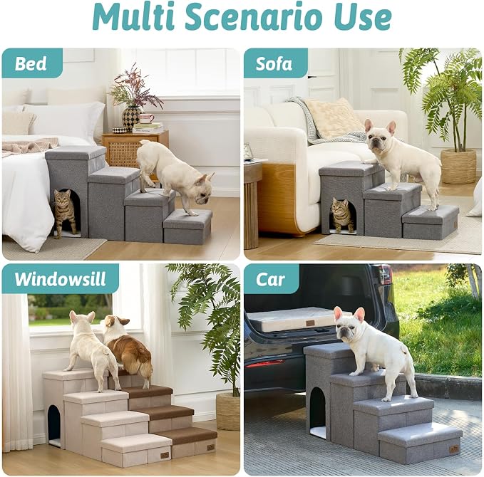 Dog Stairs with Storage, 3-Step Wider Sturdy Dog Steps for Small/Medium/Large Dogs and Older Cats, Doggie Ramp with Condo for Bed/Couch/Car Hold Up to 180 lbs (17.7" H, Grey)
