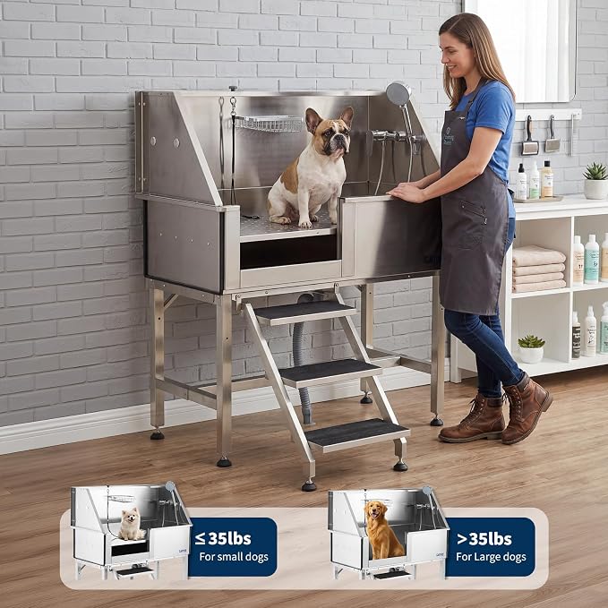 Garvee 46 Inch Stainless Steel Dog Washing Station, Heavy Duty Pet Grooming Bathtub with Access Stairs, Brushed Finish, Left Door Options