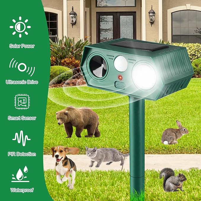 2025 Solar Animal Repellent,Upgraded Ultrasonic Cat Repellent Outdoor,Waterproof Deer Deterrent for Bird Dog Skunk,Squirrels Deterrent with Motion Detection Flash Lights for Pasture House (2 Pack)