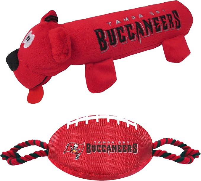 Tampa Bay Buccaneers PET GIFT BOX with 2 Licensed DOG TOYS, 1 Logo-engraved NATURAL DOG TREAT, 1 NFL JERSEY, 1 Puppy Training Bells & 1 Car Seatbelt