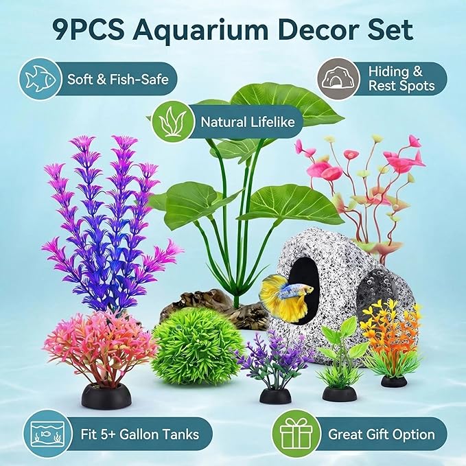 9 Pack Fish Tank Decorations Set Aquarium Decor Rock Cave Hideout, Artificial Aquarium Plants Plastic Betta Leaf Hammock Goldfish Betta Fish Tank Accessories Small Large Fish Bowl Ornaments