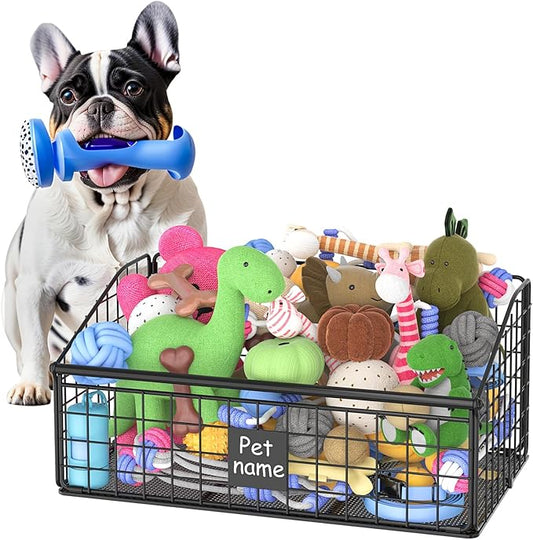 Kaiferty Indestructible Dog Toy basket, Medium Toy Box for Dogs,Pet Toy Bin Dog Metal Basket for Toys, Toy Storage Organizer, Toy Box for Living Room Area (Black)