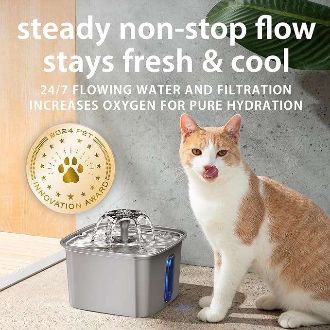Veken Innovation Award Winner Stainless Steel Cat Water Fountain, 108oz | Automatic Pet Fountain Dog Water Dispenser with 6 Replacement Filters & Silicone Mat for Cats, Dogs, Multiple Pets (Silver)