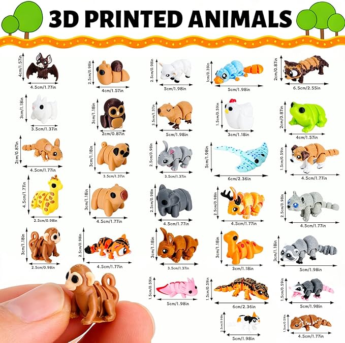 30 Pcs Mini 3D Printed Animal Statues Figurines Set Movable Joints Surprise 3D Printed Animals Cute Desk Decor Party Favors for Adults Home Office Desk Decoration Display