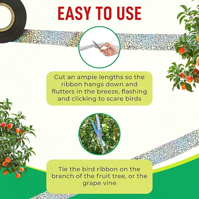 500 Ft Reflective Holographic Bird Tape – Visual and Sound Reflective Ribbon for Outdoor Use in Gardens, Orchards, Vineyards, Trees, and Boats