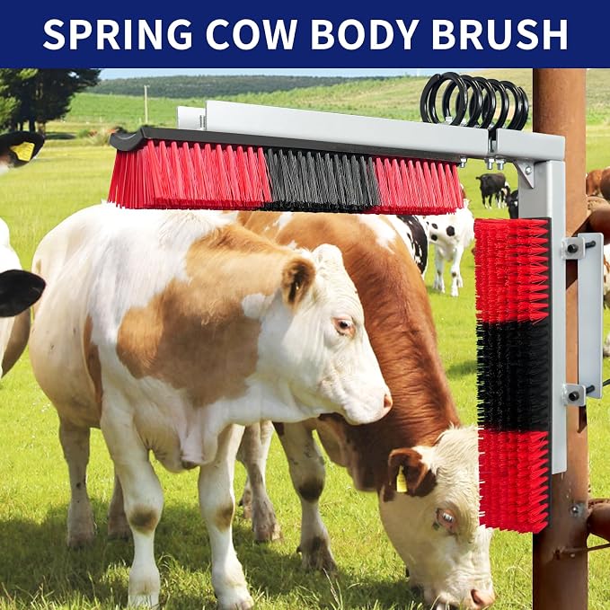 Livestock Scratch Brush With Spring Iron Holder，Animal Back Scratching Brush Including 4pcs goat brushes, 4 stands and accessories For Cow,Cattle,Sheep, Horses,Pigs，Massage Grooming Tool（Red）