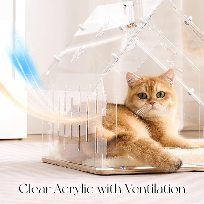 Acrylic Cat House for Indoor Cats, Transparent Cat Bed Cave with Plush Cushion & Hanging Toys, Modern Ventilated Cat Condo with Sturdy Wooden Base for Adult Cats & Kittens up to 12 lbs, White