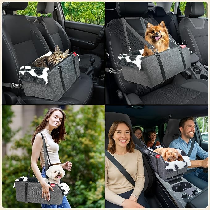 Center Console Dog Car Seat for Small Pets to 11lbs, Milk Cow | Anti-collapse armrest Console seat with washable fluffy cushion, pillow & tether for stable, cozy pet travel trips.