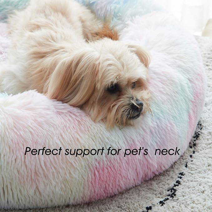 Western Home Calming Donut Small Medium Pet Dog Bed Washable,27" Rainbow | Fluffy Faux Fur Round Cuddler,Anti-Anxiety,Anti-Slip Bottom,Plush Pet Dog Beds for Small Medium Sized Dogs,Up to 35 LBS