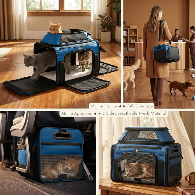 Top-Expandable Pet Carrier with Treat Pet Window,17x11x9.5 Airline Approved | for Alaska Hawaiian,Soft-Sided Dog Carrier, Anti-Scratch Mesh, Lockable Zippers,Cat Carrier for Kitten,Rabbit,Puppy,Blue