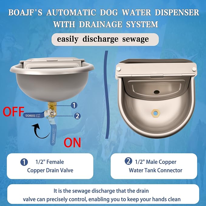 Automatic Dog Water Dispenser with Drain Hole & Drain Valve, Stainless Steel Auto Dog Water Bowl with Float Valve, Hose Quick Connect Fitting, for Livestock, Chicken, Horse (1 Gallon)