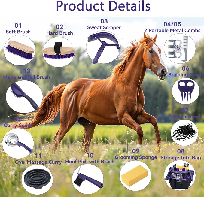 13 Piece Horse Grooming Kit, Complete Horse Brush Set & Curry Comb, Horse Brushes for Grooming with Tote Bag, Tack Room Supplies for Effective Bathing Massaging, Gift for Horses Owners (Purple)