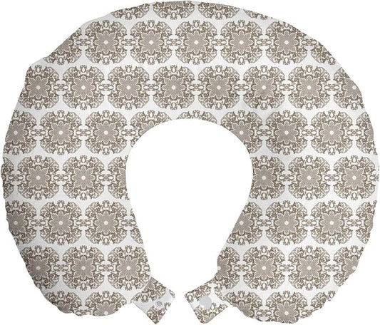 Ambesonne Taupe Travel Pillow Neck Rest, Vintage Round Baroque Style Ornament Pattern in Damask Inspired Design Botany Garden, Memory Foam Traveling Accessory for Airplane and Car, 12", Taupe White