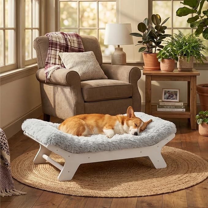 Elevated Wood Dog Bed Frame Mat Set, Whitecolor, Medium | Raised Sturdy Attractive Dog Sofa Couch Furniture,60 lb