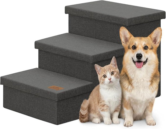 Zerbuger Dog Stairs with Storage, Dark Grey 3 Steps Dog Ramp no Condo | 18" H Wider Dog Steps for High Beds Couch, Folding Storage Pet Stairs Gift for Climbing Small/Medium/Large Old Dogs Cats