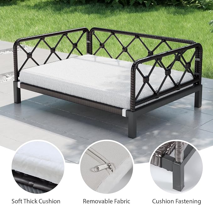 Elevated Indoor & Outdoor Dog Bed for Small Dogs, Durable Rattan Wicker Pet Sofa with Removable Washable Waterproof Cushion, Stylish Dog Couch, Black Rattan/White Mat