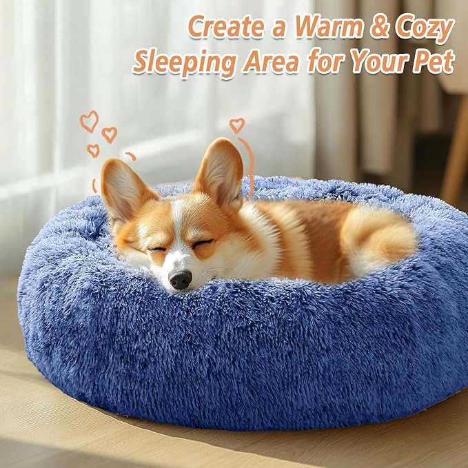 JOLLYVOGUE Calming Dog Bed Medium Size Dog, 31in Donut Washable Medium Pet Bed, Anti-Slip & Anti-Anxiety Fluffy Faux Fur Round Dogs Bed, Fits up to 45 lbs Pets (Navy Blue)
