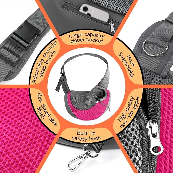 YUDODO Pet Sling Carrier for 2-5 lbs Small Dogs Cat Puppy Crossbody Carrier | Hands-Free, Safety Hook, Large Zipper Pocket, Soft Breathable Mesh, Adjustable Strap, Reflective Strip, Pink, S