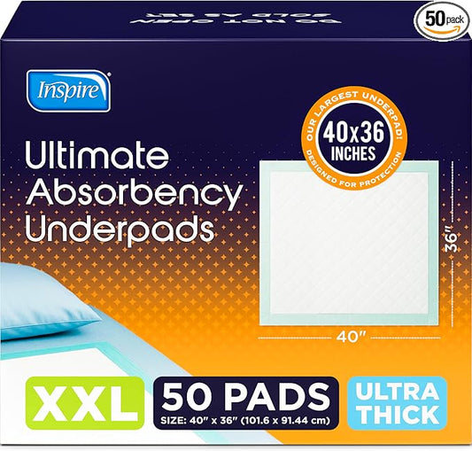 Inspire Extra Large Super Absorbent Disposable Bed Pads for Incontinence Ultra Thick and Absorbent Bed Pads Disposable Adult | Puppy Pads Pee Pads for Adults (40" X 36" Pack of 50)