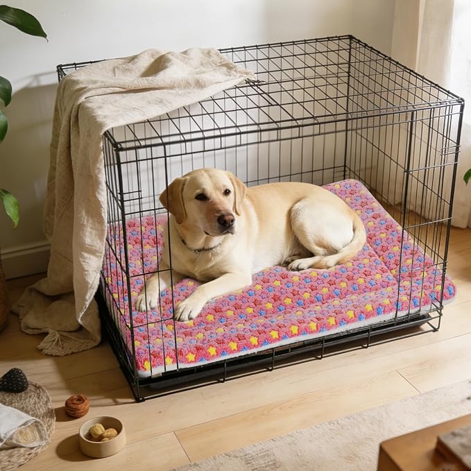 Mora Pets Dog Crate Pad - Ultra Soft Pet Bed With Cute Star Print, Washable Mat for Large Medium Small Dogs, Reversible Fleece Kennel Liner, Cat Bed 41 x 29 Inch Pink