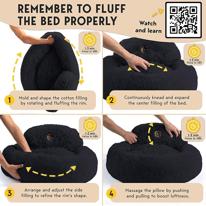 PetJett Calming Dog Bed Medium Size Dog - 30'' Donut Bed, Anti-Slip & Washable Super Soft Fluffy Plush Round Bed, Anti-Anxiety Premium Comfort Pet Bed, Fits Dogs up to 45 lbs - Black