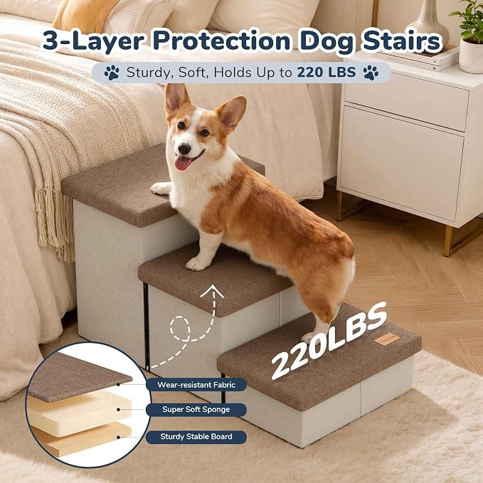 3-Step Wide Dog Stairs with Hidden Storage 18" H, Non-Slip Dog Steps for High Bed Couch Car, Jiont-Friendly Pet Stairs Ramp for Small/Medium/Large Old Dogs Cats Up to 220lbs, Beige&Coffee Lid