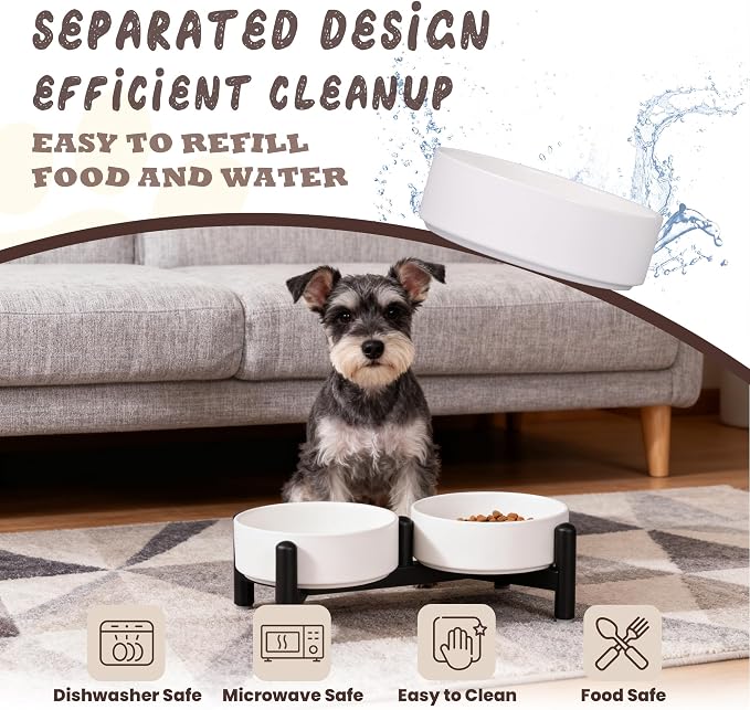 Raised Ceramic Dog Bowl Set with Stand, 2.1 Cups Elevated Dog Food Stand | 6'' Double Dog Food and Water Bowl Set, Non-Slip Dog Feeding Dishes for Small Breeds and Cats, 14 OZ, White