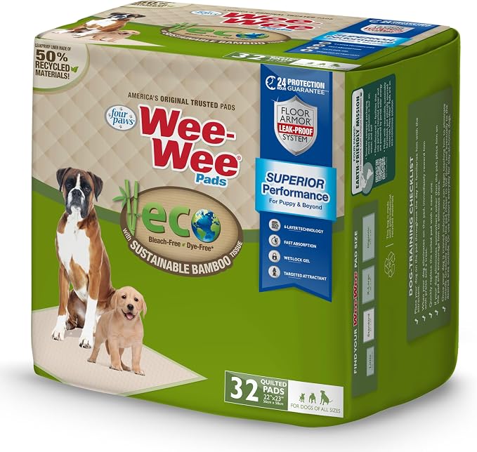 Four Paws Wee-Wee Superior Performance Eco Bamboo Dog Pee Pads, 32 Count | Earth friendly, bleach-free, dye-free, dog & puppy potty training pads, leak-proof, 24-hour protection pee pads, 22" x 23"