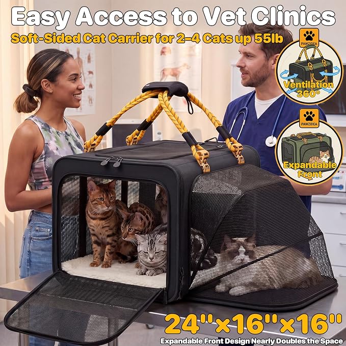 PAWZIDEA Expandable Large Pet Carrier, Soft-Sided 2–4 Cats Carrier Up 55lbs | 24"×16"×16" Collapsible Small to Medium Dog Carrier Travle Bag, Portable Dog Crate for Car Travel, Breathable, Storage Pocket