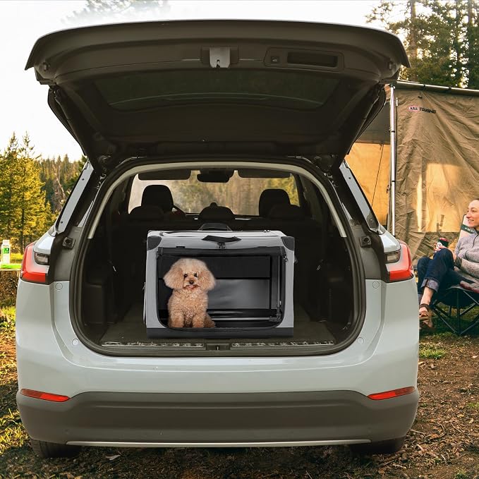 PETSFIT 26" Soft Portable Dog Crate – Patented Spiral Sturdy Frame, Collapsible Travel Kennel for Small Dogs, 3 Mesh Door, Lockable Zippers, Indoor & Car Use Gray