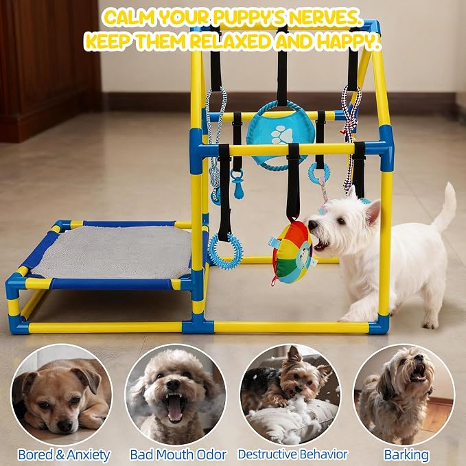 Puppy Play Gym Activity Center, Dog Indoor Jungle Gym with 8 Toys | 8 Hanging Enrichment Toys for Busy Play, Soft Mat for Rest, Non-Slip Feet, PVC Frame, Adjustable Straps, Cats and Small Pets
