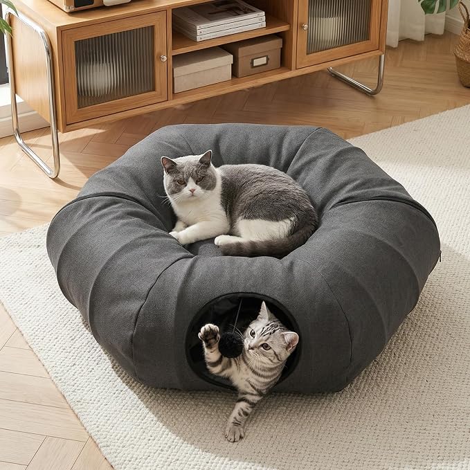 Cat Tunnel Bed for Indoor Cats, Cooling Natural Linen Cat Tunnel 29.5in | Breathable Kitten Toys Cat Tunnel with Washable Mat, Round Pet Tunnel for Kittens, Squirrels Dark Grey