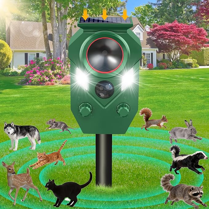 Ultrasonic Animal Repeller Outdoor,Cat Repellent & Deterrent with PIR Sensor & Flashing Light,Solar Powered Deer Repellent Device for Squirrels,Raccoons,Skunks,Rabbits,and Dog,IP65 Waterproof - 1 Pack
