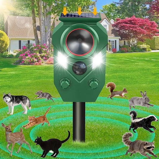 Ultrasonic Animal Repeller Outdoor,Cat Repellent & Deterrent with PIR Sensor & Flashing Light,Solar Powered Deer Repellent Device for Squirrels,Raccoons,Skunks,Rabbits,and Dog,IP65 Waterproof - 1 Pack