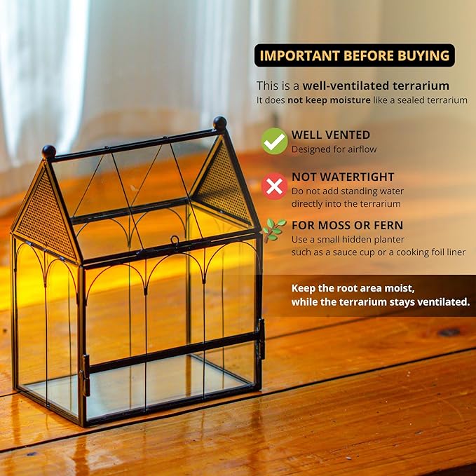 NCYP Small Glass Terrarium Enclosure with Mesh for Jumping Spiders, Micro House Shaped Small Spiders Vented Glass Terrarium, Home Decor Black, 5.8" x 3.8" x 7" (No Plants)