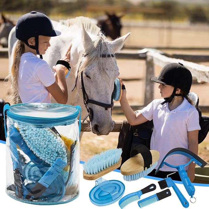 Cunhill 9 Pcs Horse Grooming Kit with Bag Curry Brushes,Cute,Blue | Complete Grooming Set for Horses, Hard Soft Brushes, Hoof Pick, Sweat Scraper, Sponge, Comb, Portable Tote for Stable