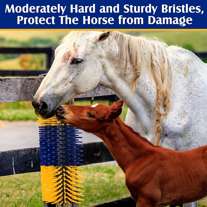 3 Pack Livestock Scratching Brush, Blue and Yellow | Animal Scratcher, Itch Relief Grooming, Horse Goat Cow Scratcher, Fence Post Mounting, Durable Bristles, Farm Livestock Care