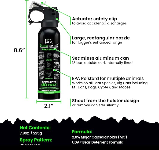 Bear Spray W/Holster 40 ft Range, Maximum Strength, EPA-Registered Spray for Bears, Mountain Lions, Coyotes, Dogs, & Moose, Outdoor Hiking & Camping Protection, Glow Safety, 7.9 oz 2 Pack
