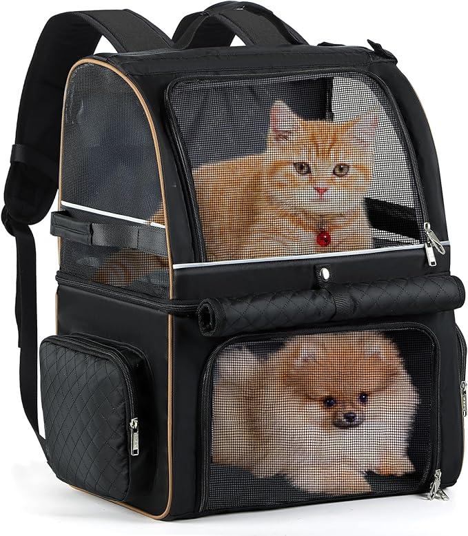 Double Cat Backpack Carrier for 2 Cats, Double-Compartment Pet Carrier Backpack for Two Small Cat or One Medium Cat, Cats Carrier Backpack Dog Carrier Backpack Fits Up to 24 Lbs,Black